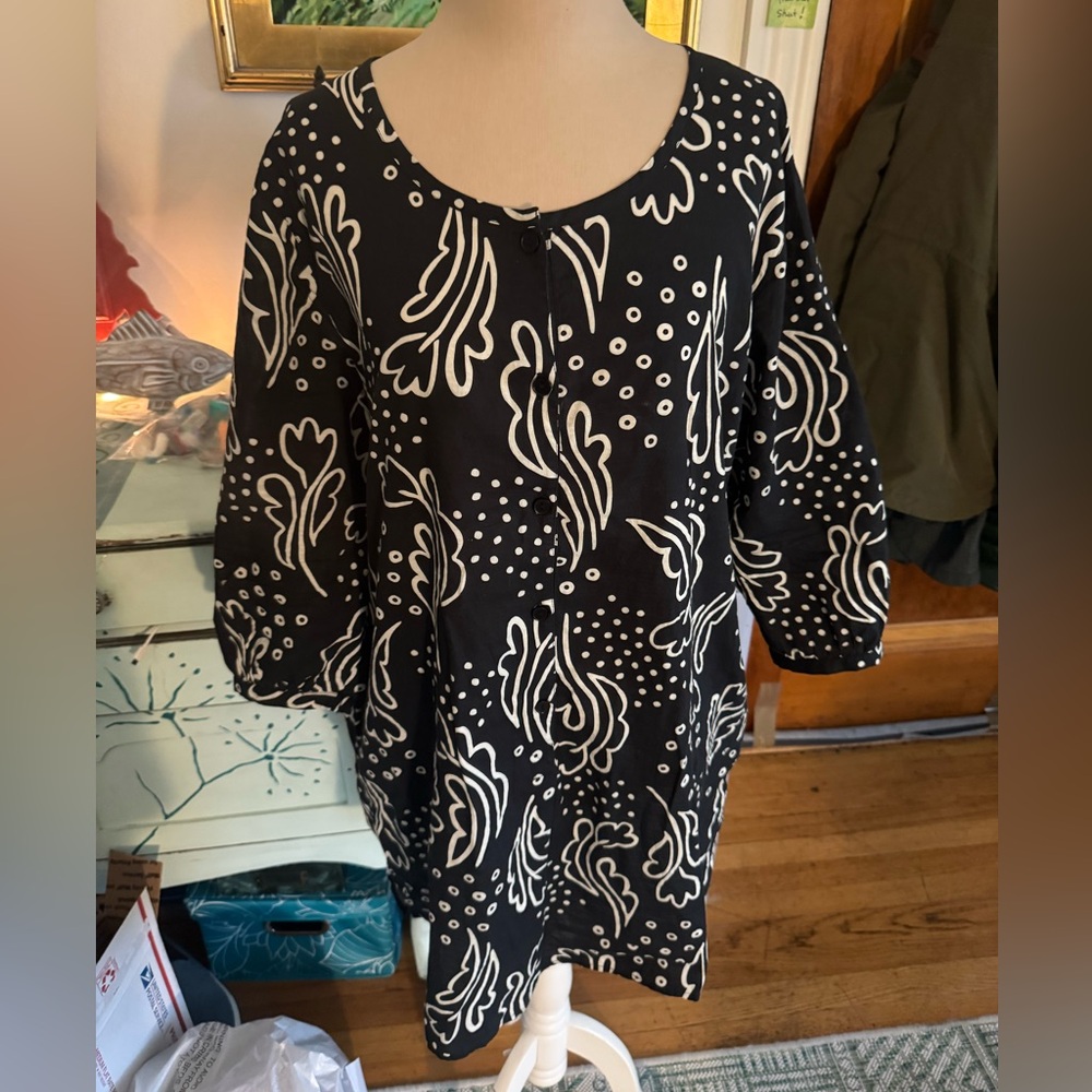 Gudrun Sjoden Black and White Patterned Cotton Tunic Top Generous M VGUC